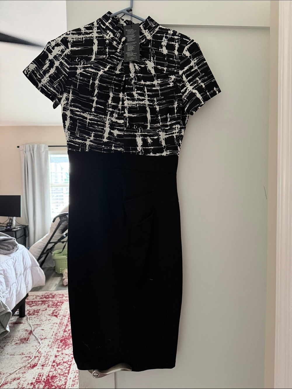 Black & White Printed Bodice Midi Sheath Dress